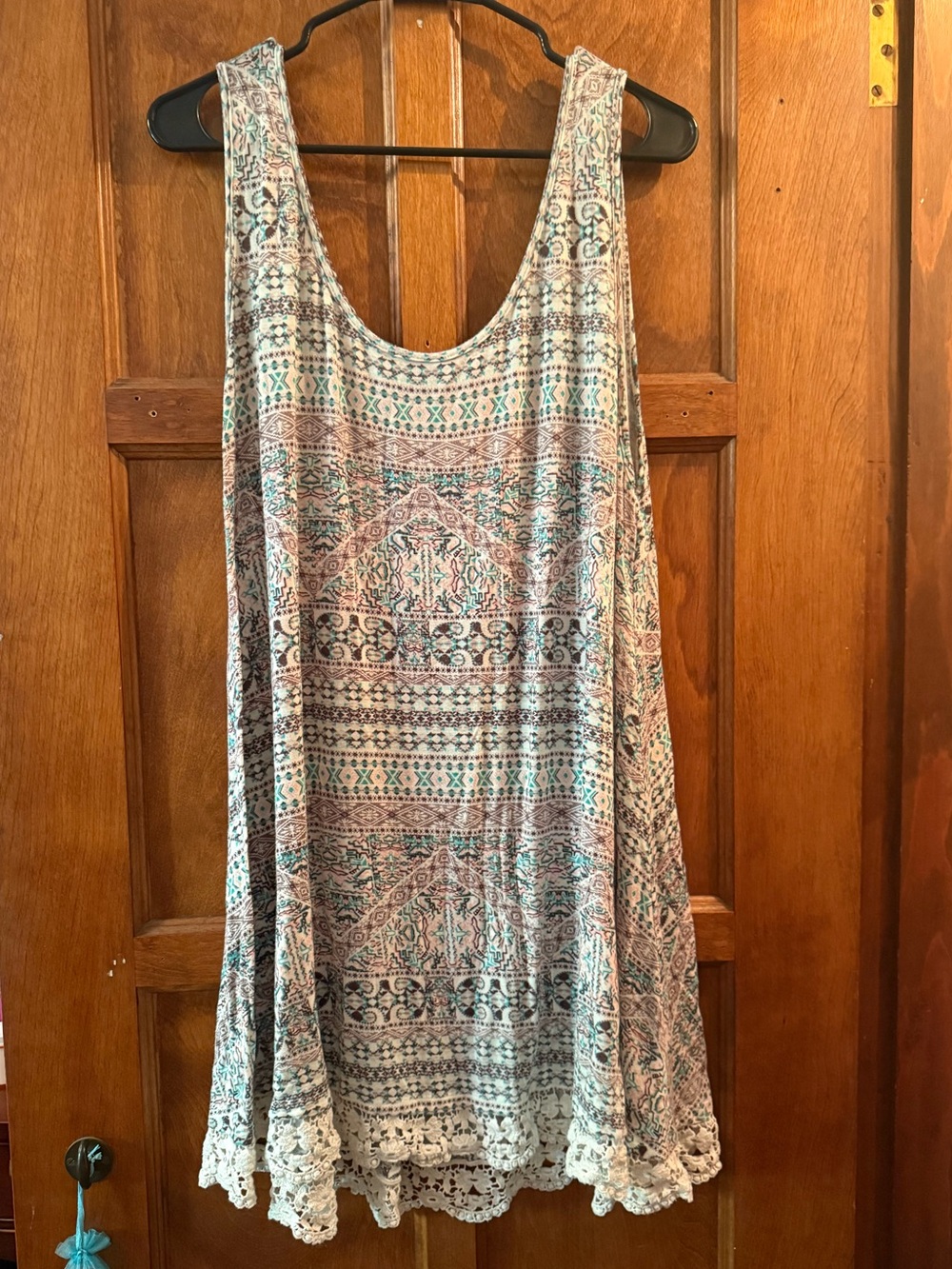 Boho Printed Swim Coverup Swing Tunic with Crochet Hem in Teal and Cream